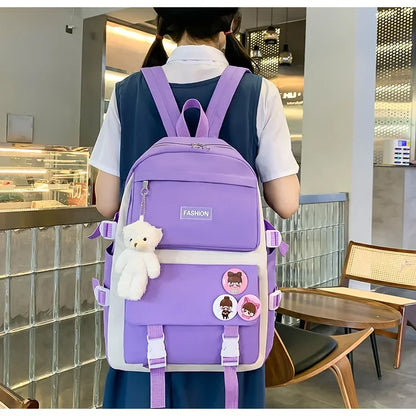 Five-Piece Set Large Capacity Fashionable Double Shoulder Backpack for Junior And High School Girls Primary School Students