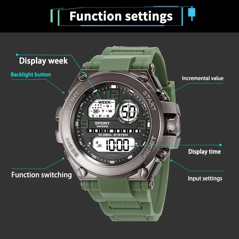 Black Sports Watch for Kids Students Men's Multifunction LED Digital Watch Waterproof Luminous Alarm Clock Electronic Watches