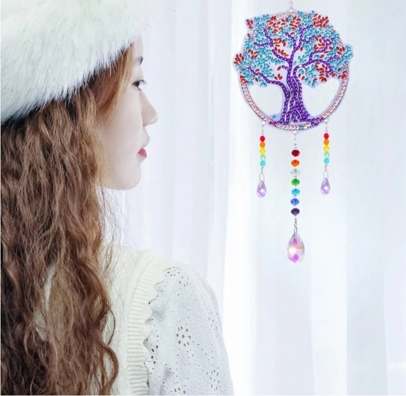 1 Acrylic Double-sided Super Flash Crystal Diamond Painting Captures Scenery Sun Moon Heart Tree Pattern DIY Wind Chimes