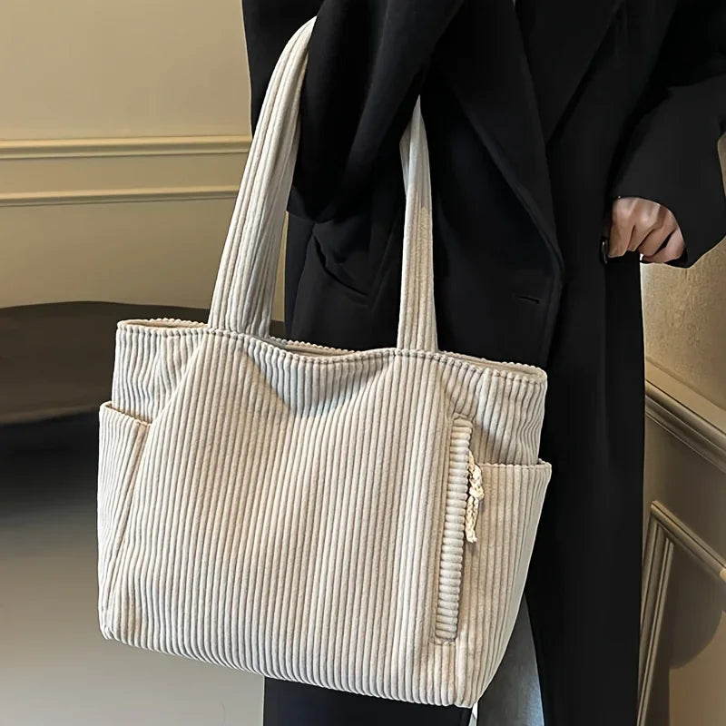 Casual Corduroy Handbag with Zipper Closure Light and Large Capacity Fixed Shoulder Strap Solid Color Daily Commuter Handbag