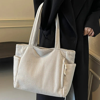 Casual Corduroy Handbag with Zipper Closure Light and Large Capacity Fixed Shoulder Strap Solid Color Daily Commuter Handbag