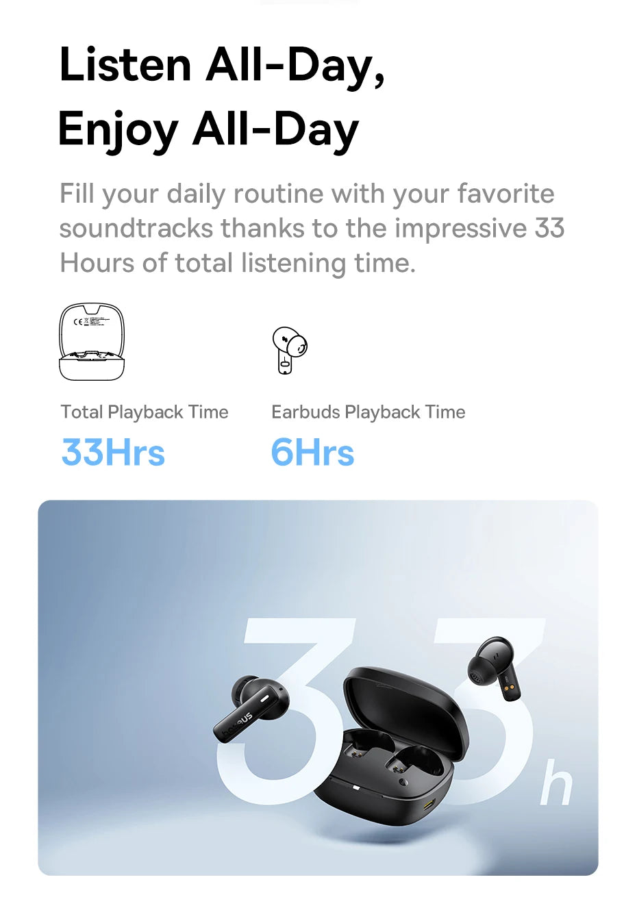 Baseus Bowie E19 Wireless Earphones Bluetooth 5.3 Big Bass 12mm Drivers IPX5 Waterproof Earbuds 33Hrs Battery Life Headphones RELUX.STORE