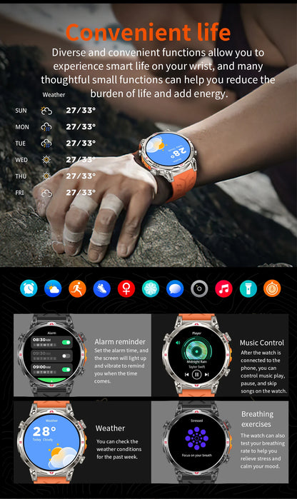 2025 New Military AMOLED HD SmartWatch 650Mah Battery GPS Compass 5ATM Waterproof Tactics 100+ Sport BT call Smart Watch For Men