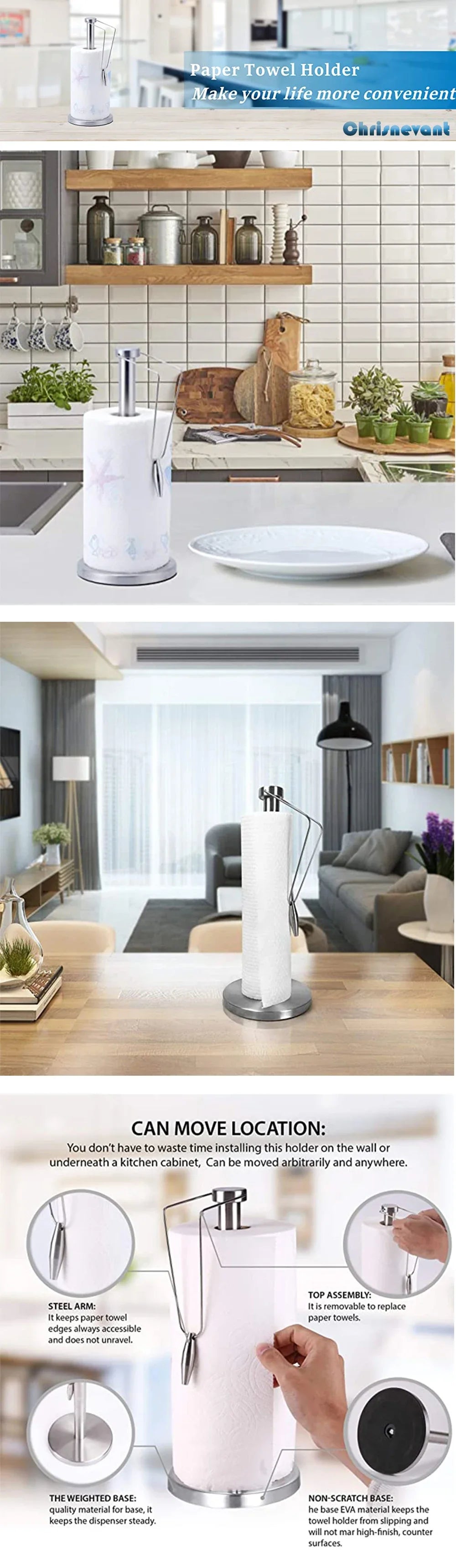 1 PC Paper Towel Holder, Stainless Steel Standing Paper Towel Organizer Roll Dispenser for Kitchen Countertop Home Dining Table