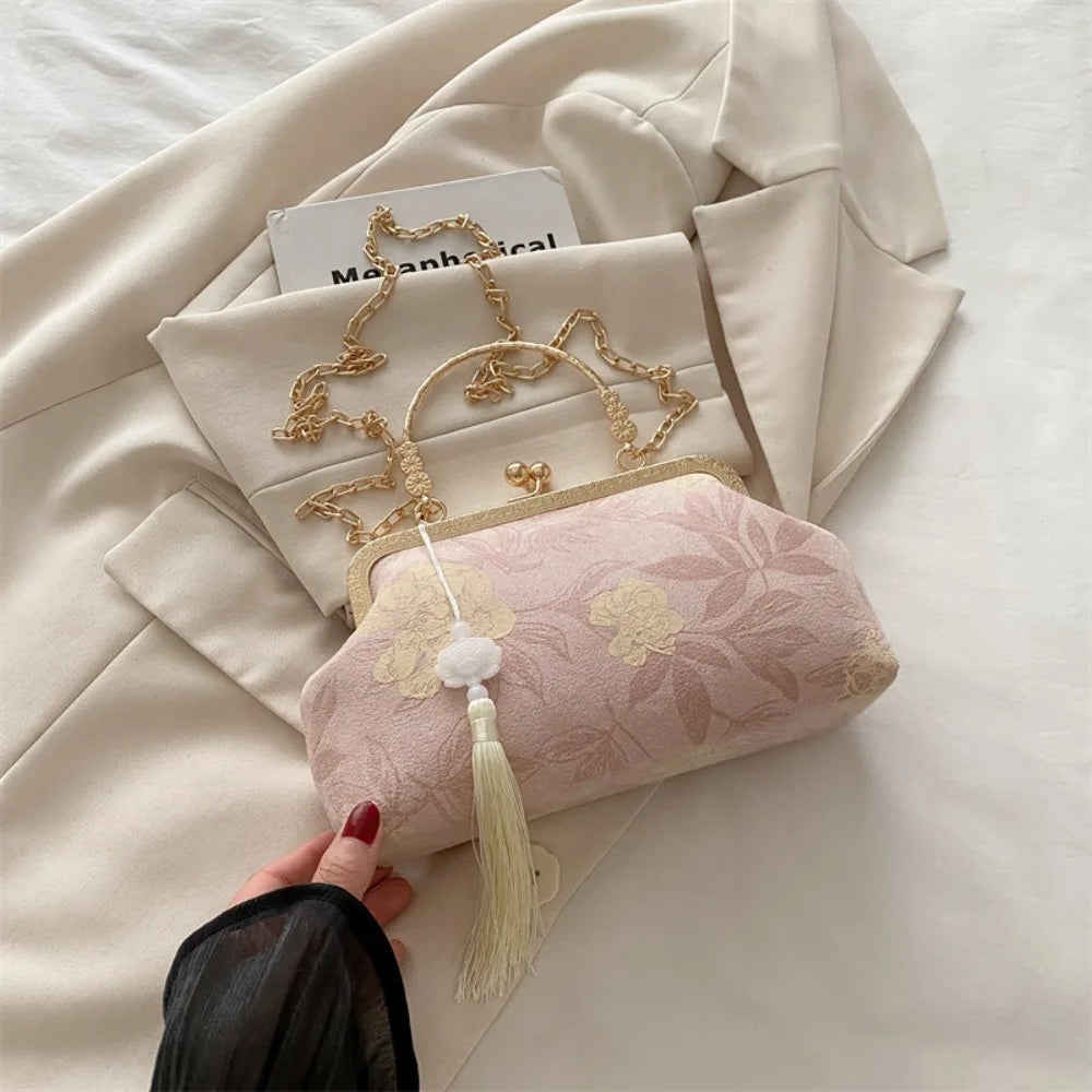 Flower Pattern Chinese Style Handbag Cheongsam Accessories Elegant Hanfu Clutch Bag Single Shoulder with Pendant RELUX.STORE