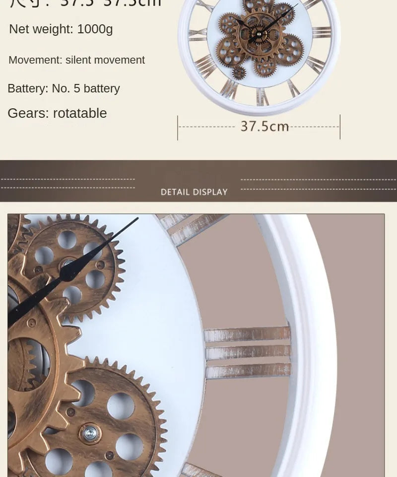 Industrial Gear Wall Clock with Rotating Gear Decoration - Antique Style and Quiet Movement RELUX.STORE