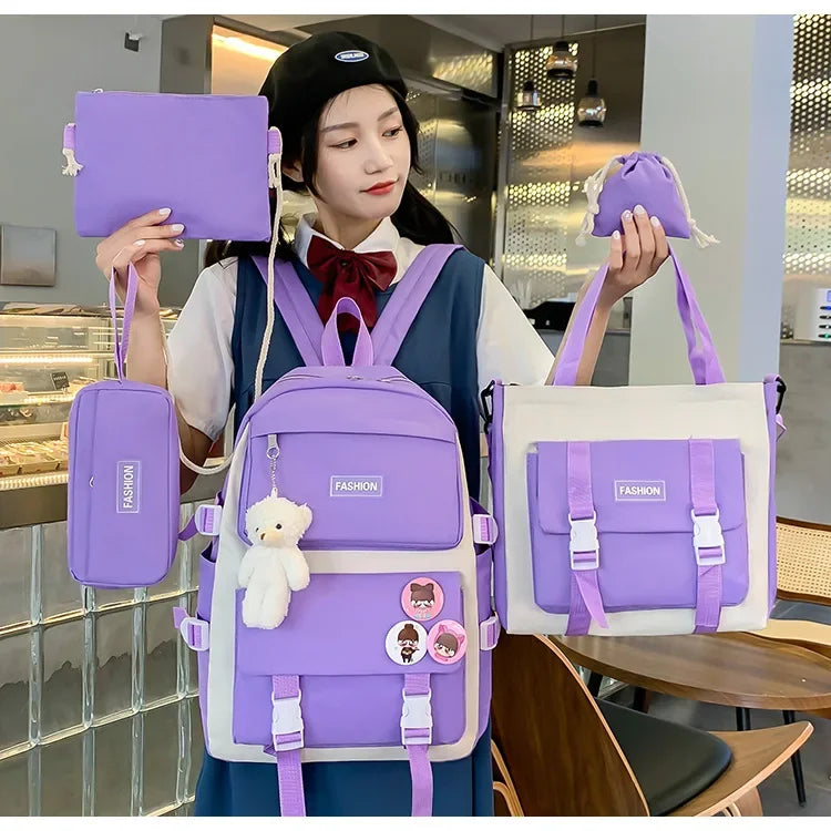 Five-Piece Set Large Capacity Fashionable Double Shoulder Backpack for Junior And High School Girls Primary School Students