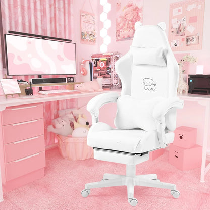 Cute Gaming Chair with Lumbar Cushion and Decorated Ears, Ergonomic Computer Chair with Footrest, Reclining PC Game Chair