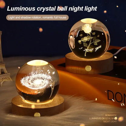 6cm Faux Crystal Ball Light Calming Night Light Clear Lighted Stellar Galaxy Spheres With Wooden Base For Bedside Table Desk
