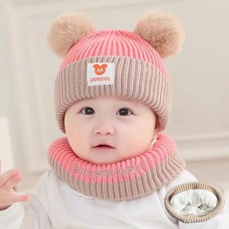 Cute Winter Warm Kids Girl Boys Baby Hats Fleece Wool Hemming Caps with Ball Solid Wool Ear Protection Hats Soft Newborn Bonnet