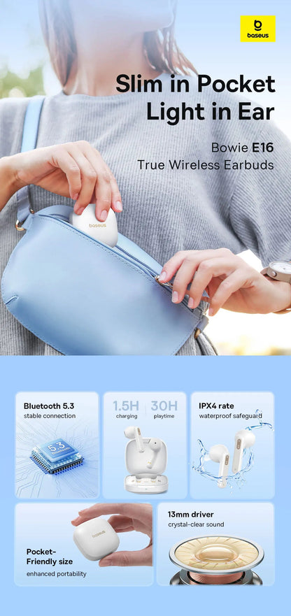 Baseus Bowie E16 Wireless Earphone Bluetooth 5.3 Earphones 30H Long Battery Life IPX4 Waterproof True Wireless Headphone Earbuds RELUX.STORE