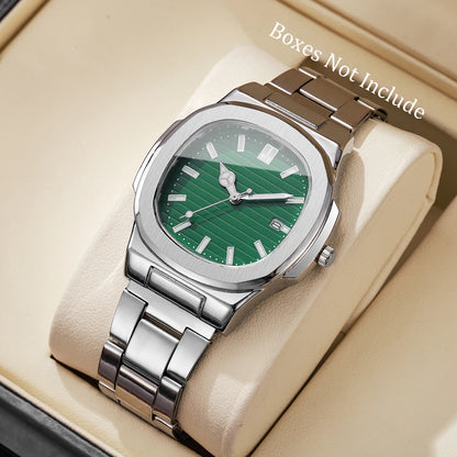 Men Fashion Wristwatches Business Square Dial Stainless Steel Strap Quartz Watch with Calendar For Mens Clock（Without Box）