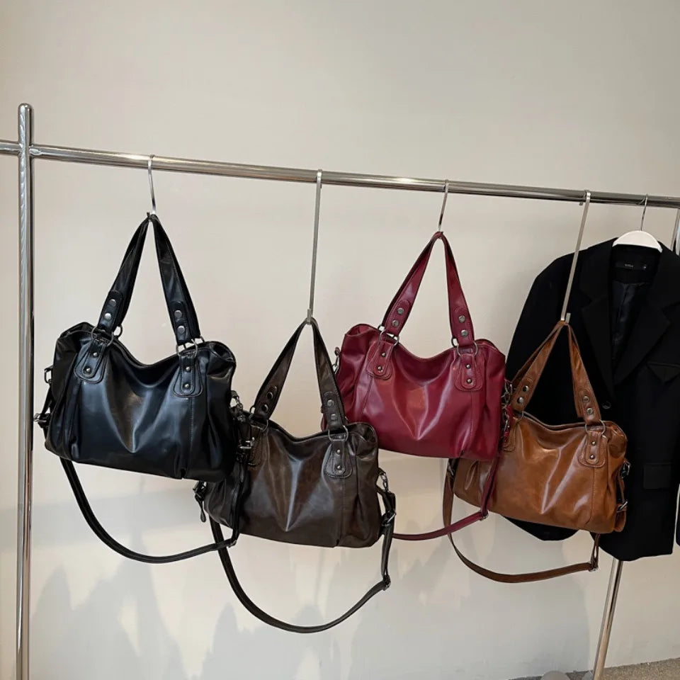 Retro Brand Roomy Shoulder Bag Female Luxury Solid Color Classic Crossbody Bag Large Capacity Style Soft PU Leather Tote Bag
