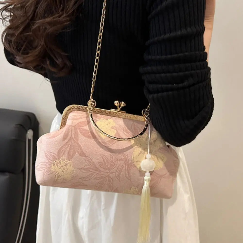 Flower Pattern Chinese Style Handbag Cheongsam Accessories Elegant Hanfu Clutch Bag Single Shoulder with Pendant RELUX.STORE