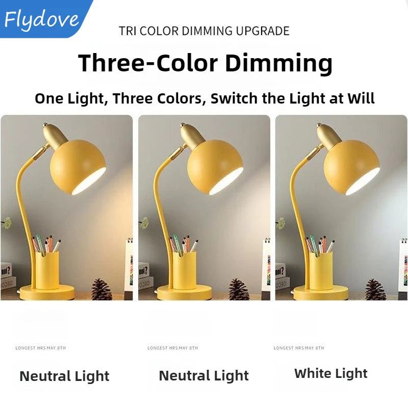 Nordic Iron Art LED Macaron Desk Lamp Eye Protection Dimming Metal Pen Holder Table Lamp Living Room Bedroom Home Decor Lighting