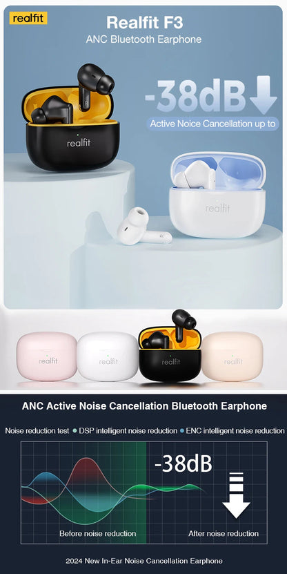 Realfit F3 ANC Active Noice Cancellation Bluetooth Earphones ENC Call HIFI Stereo Superb Bass Wireless Earbuds Sport Gaming RELUX.STORE