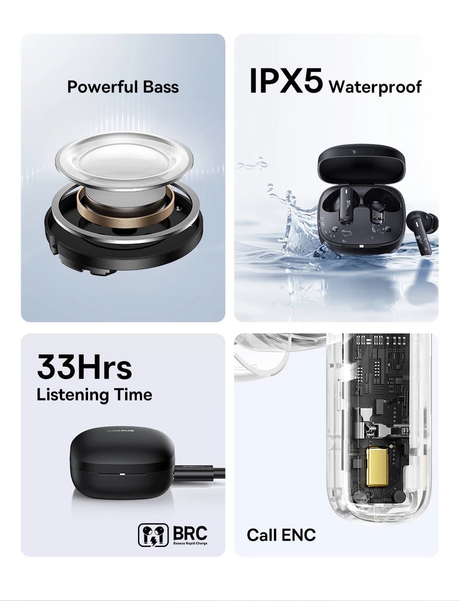 Baseus Bowie E19 Wireless Earphones Bluetooth 5.3 Big Bass 12mm Drivers IPX5 Waterproof Earbuds 33Hrs Battery Life Headphones RELUX.STORE