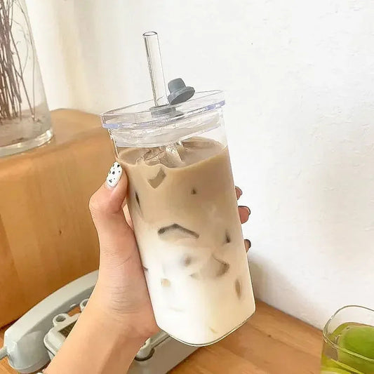 Square Heat Resistant Coffee Glass Cup With Lid and Straw Transparent Milk Tea Juice Cups Coffee Mug For Home Bar Drinkware RELUX.STORE