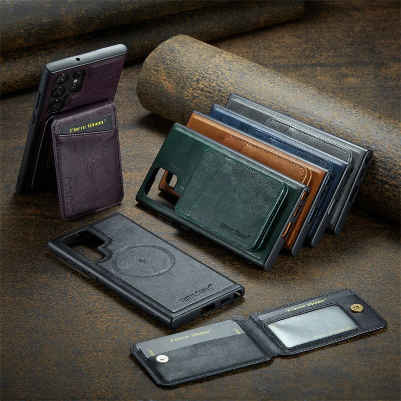 2 In 1 Magsafe Magnetic Leather Flip Phone Case for Samsung S25 S24 S23 S22 Ultra Plus FE Wallet Cover Cards Holder Pocket Cover