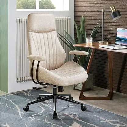 Ergonomic Mid-Century Modern Leather Office Chair with Lumbar Support High Back Swivel Rolling Executive Chair for Home Use