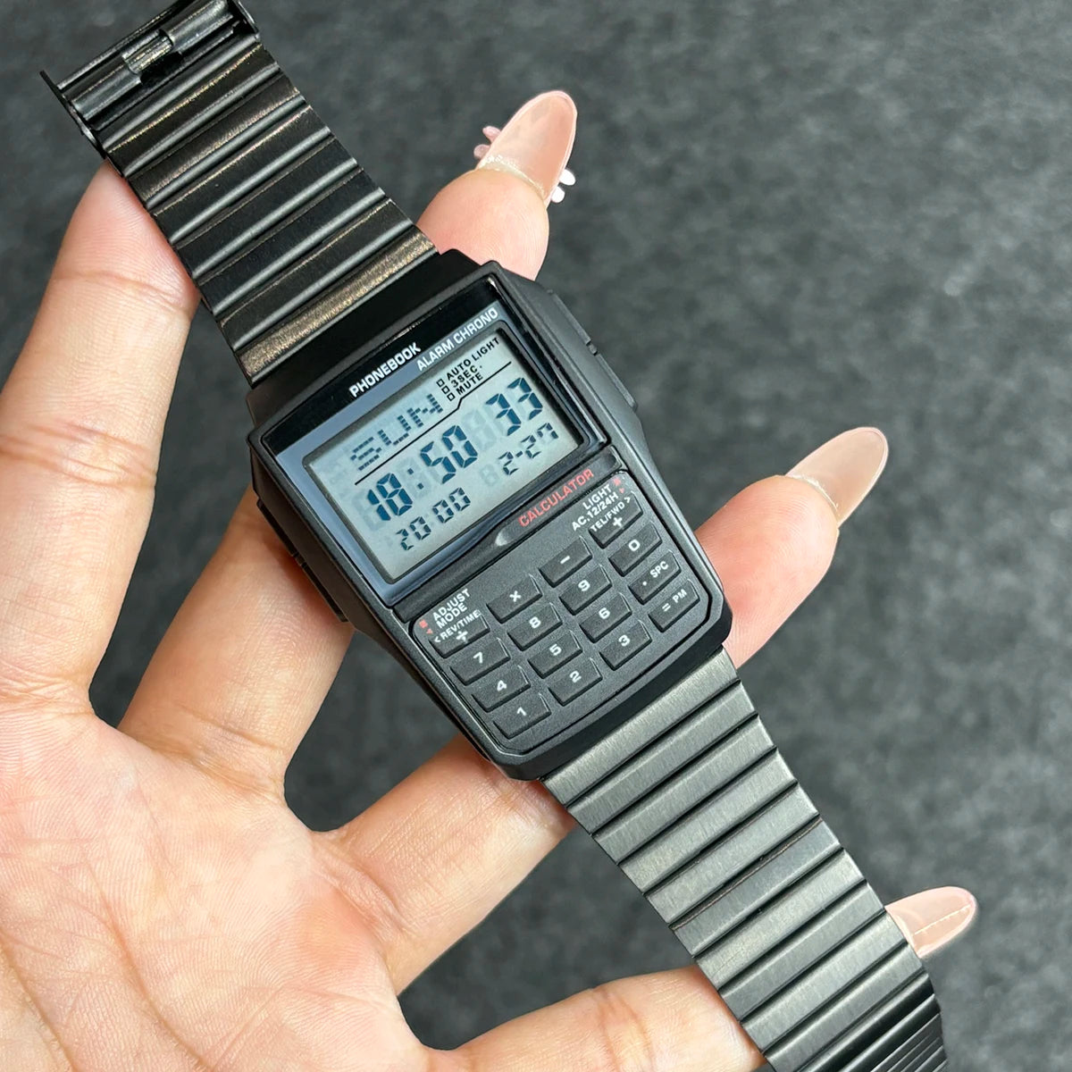 Computer Style Stainless Steel Strap Watch Men's Calculator Watch Multifunctional Led Watch Plastic Case Men's Watch Top Luxury