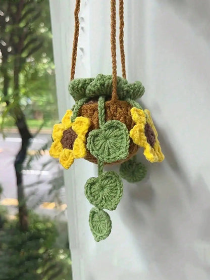 1pc Handmade Crocheted Green Radish Potted Plant Wool Ornament - Car Rearview Mirror Pendant / Car Hanging Decoration
