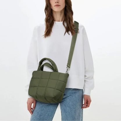Adjustable Quilted Tote Bag Nylon Detachable Strap Puffer Bag Large Capacity with Zipper Crossbody Bag Travel