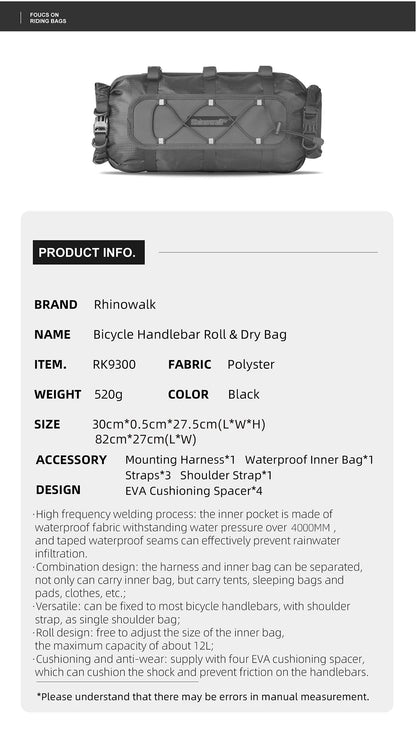 Rhinowalk Bicycle Handlebar Bag 12L Waterproof Bike Mounts Set Bike Bag Base With Replaceable Inner Dry Bag Luggage Storage