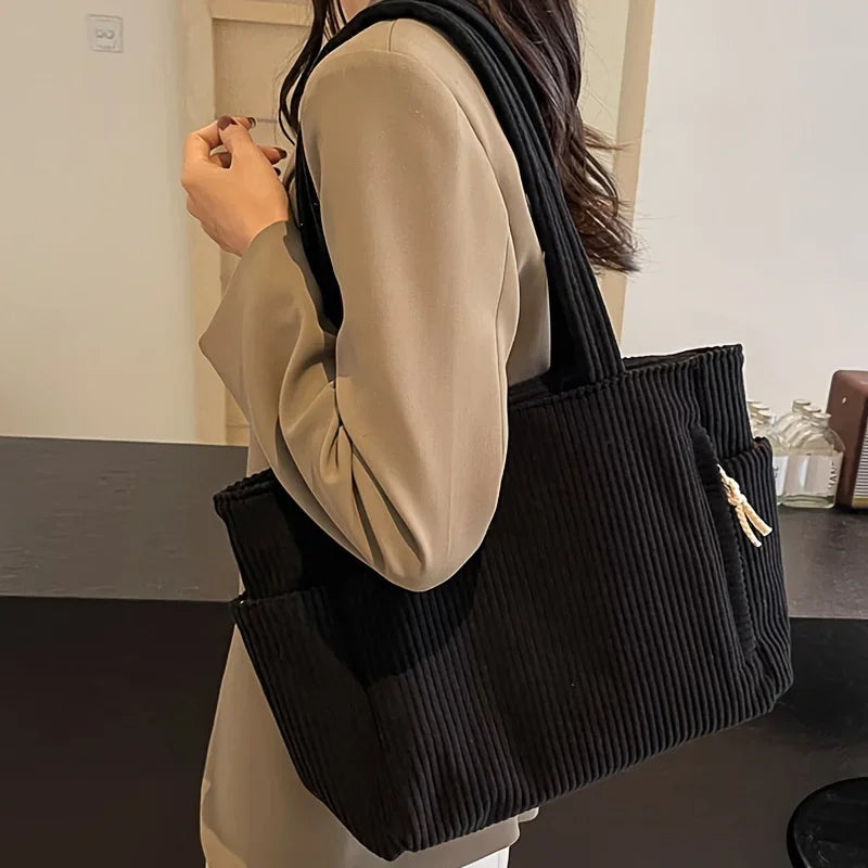 Casual Corduroy Handbag with Zipper Closure Light and Large Capacity Fixed Shoulder Strap Solid Color Daily Commuter Handbag