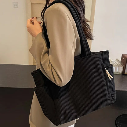 Casual Corduroy Handbag with Zipper Closure Light and Large Capacity Fixed Shoulder Strap Solid Color Daily Commuter Handbag