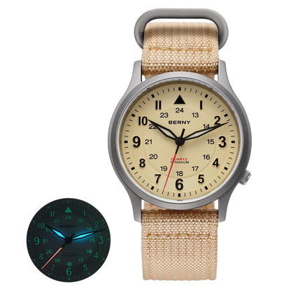 BERNY Titanium Watches for Men Classic Mens Field Pilot Watch Easy Read Outdoor Quartz Wristwatch Super Luminous Sapphire 5ATM