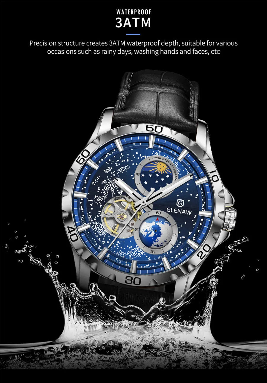 GLENAW Rotating Earth Double Second Hand WristWatch Men Automatic Mechanical Watch Starry Sky Stainless Steel Leather Watchband