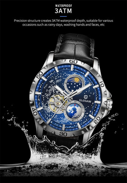 GLENAW Rotating Earth Double Second Hand WristWatch Men Automatic Mechanical Watch Starry Sky Stainless Steel Leather Watchband