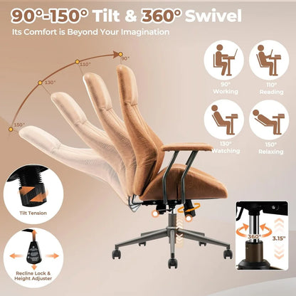 Ergonomic Mid-Century Modern Leather Office Chair with Lumbar Support High Back Swivel Rolling Executive Chair for Home Use
