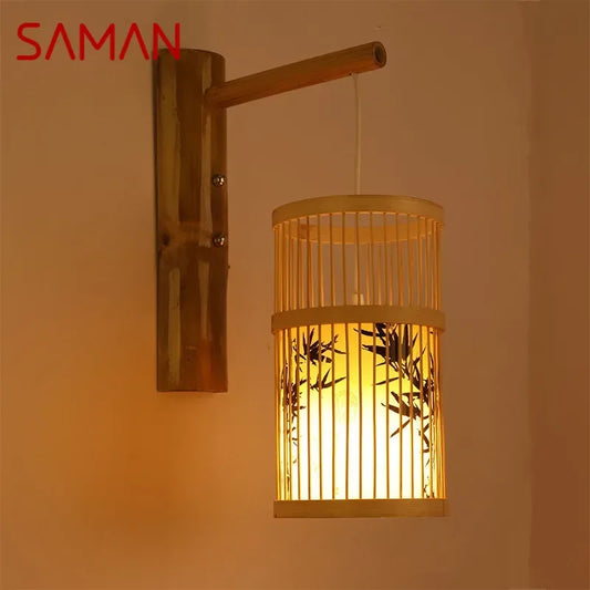 SAMAN Modern Bamboo Art Wall Lamp Bamboo Weaving Creative Living Room Restaurant Bedroom StudyTea Homestay LED Retro Wall Light