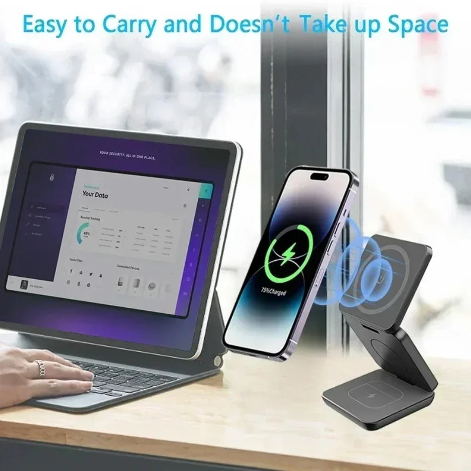 “3-in-1 Foldable Magnetic Wireless Charger Stand – Fast Charging Dock for iPhone 16/15/14/13 Pro Max, Apple Watch 10/9, & AirPods | Wireless Charging Station Holder”