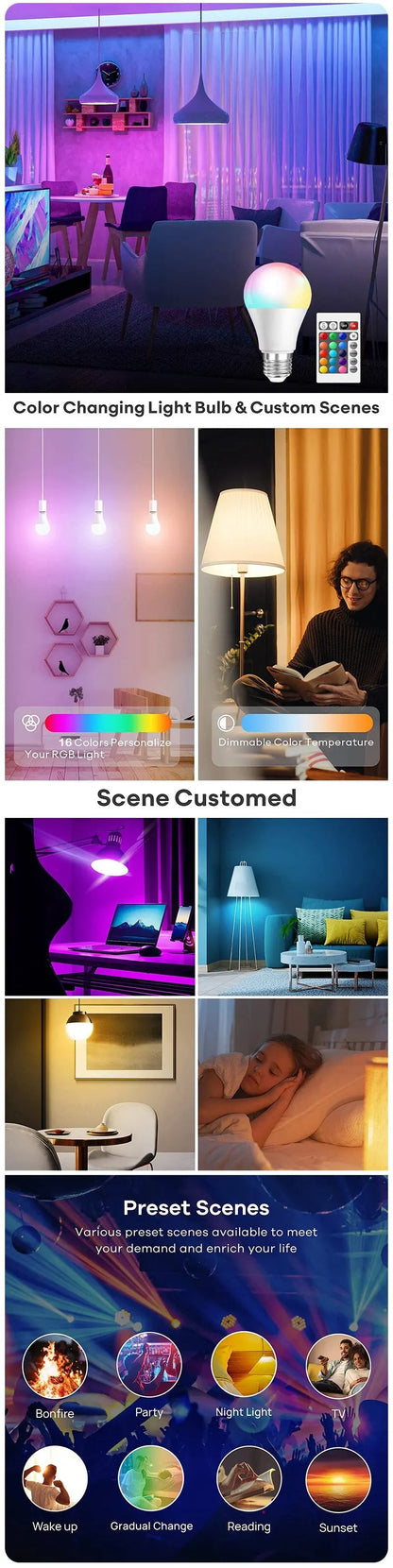 16 Colors RGB Bulb LED Multicolor Bulb E27 220V Household Lighting Dimmable 24 Key Remote Control Smart Lamp Atmosphere Light RELUX.STORE