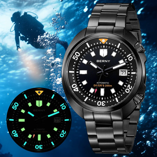 BERNY 20ATM Diver Watch For Men Mechanical Black Dial Original Design Top Automatic Sapphire Luxury Diving Luminous Men Watch