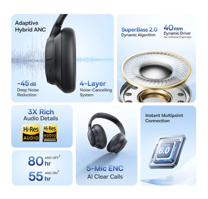 Baseus EH10 NC ANC Wireless Headphones 45dB Adaptive Hybrid Noise Cancelling Headsets Hi-Res LDAC Headphone Bluetooth 6.0 80Hrs