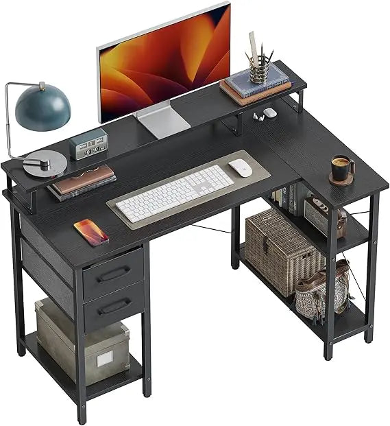 L Shaped Computer Desk with Monitor Stand & Shelves, 47 Inch Corner Home Office Desk Writing Table with Storage Drawer, White