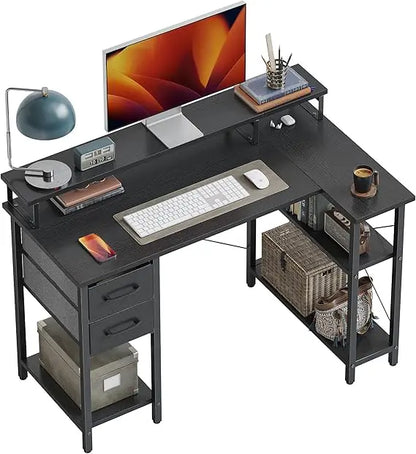 L Shaped Computer Desk with Monitor Stand & Shelves, 47 Inch Corner Home Office Desk Writing Table with Storage Drawer, White