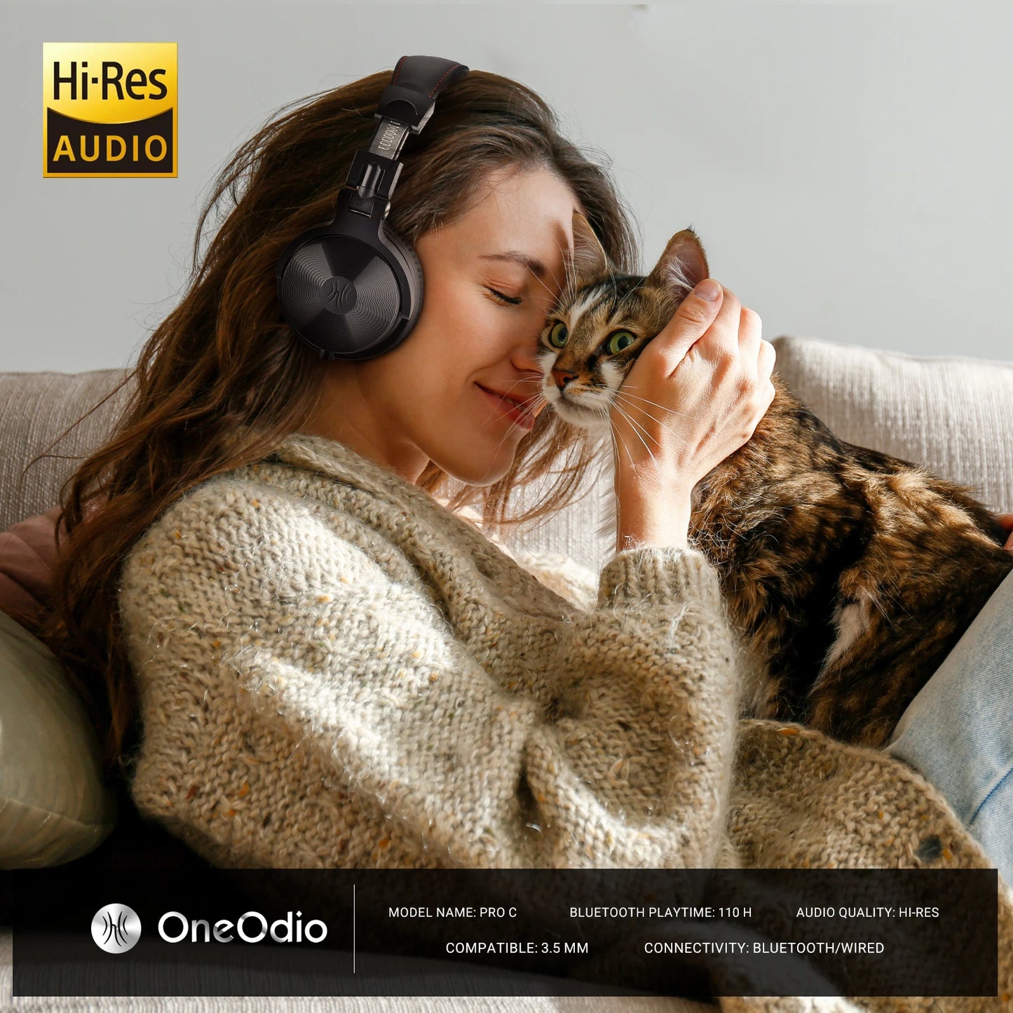 Oneodio Pro C Wireless Headphones 110H PlayTime, Bluetooth 5.2, Foldable Comfortable Fit, Deep Bass Stereo Earphones with Mic
