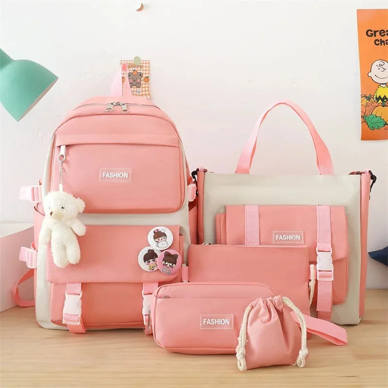 Five-Piece Set Large Capacity Fashionable Double Shoulder Backpack for Junior And High School Girls Primary School Students