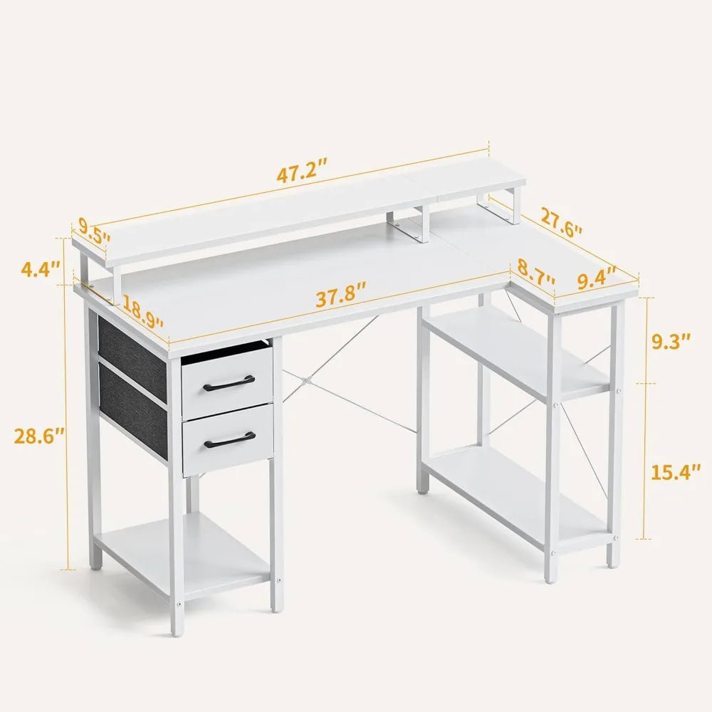 L Shaped Computer Desk with Monitor Stand & Shelves, 47 Inch Corner Home Office Desk Writing Table with Storage Drawer, White