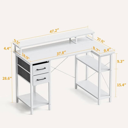 L Shaped Computer Desk with Monitor Stand & Shelves, 47 Inch Corner Home Office Desk Writing Table with Storage Drawer, White