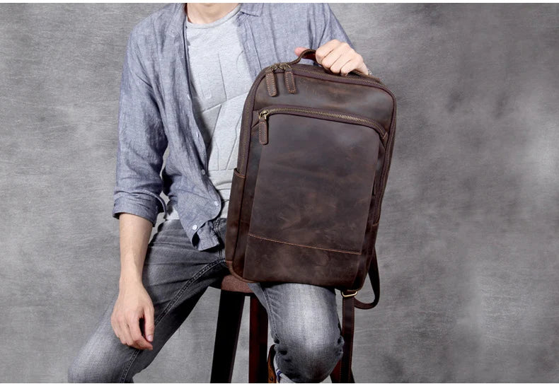 Vintage Crazy Horse Genuine Leather Backpack Men Backpack Laptop Leather Daily Bagpack Male Rucksack Trave Hiking Knapsack Large