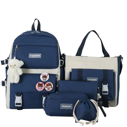 Five-Piece Set Large Capacity Fashionable Double Shoulder Backpack for Junior And High School Girls Primary School Students