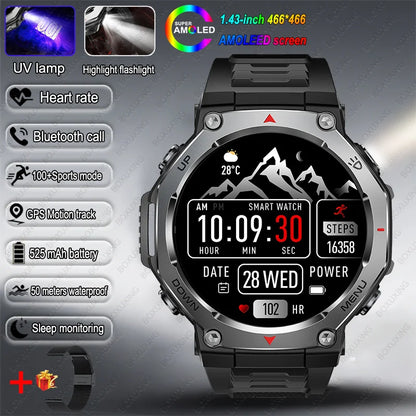 T-Rex 3 GPS Smart Watch 5ATM Waterproof 1.43 inch AMOLED HD Screen BT Call Flashlight Military Sport Smartwatches Men 2025 New