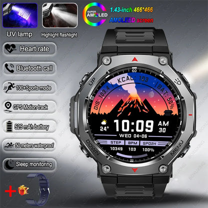 T-Rex 3 GPS Smart Watch 5ATM Waterproof 1.43 inch AMOLED HD Screen BT Call Flashlight Military Sport Smartwatches Men 2025 New