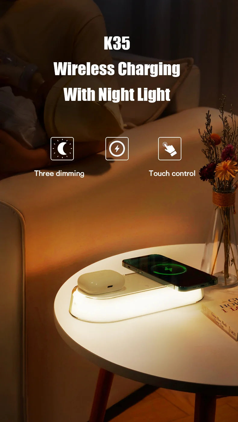 Wireless Charger Alarm Clock Time LED Light Thermometer Earphone Phone Charger 15W Fast Charging Dock Station for iPhone Samsung